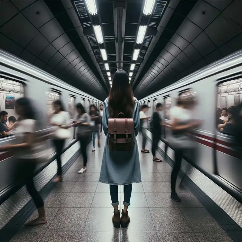 Ellenhart blog om kvinde i en rolig tilstand, stående i en travl metrostation.