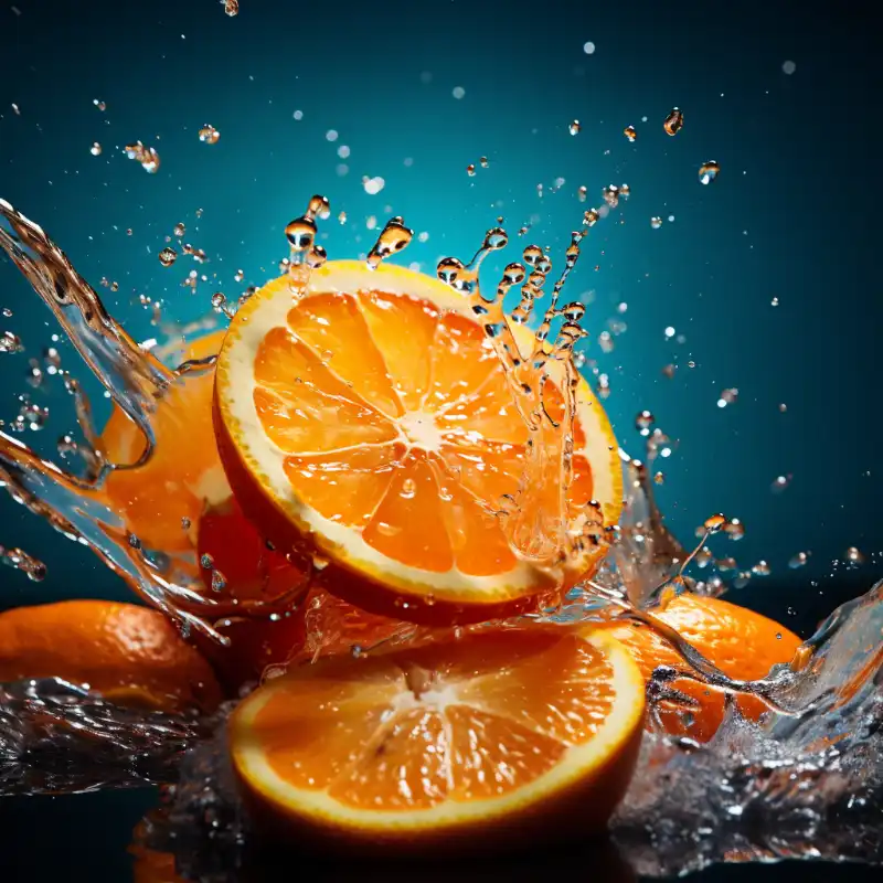 Ellenhart om Midjourney fotografering. Appelsiner med splash af vand og juices