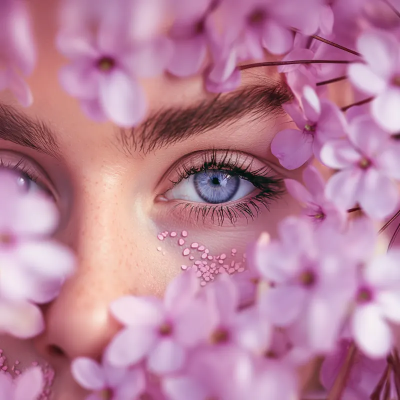 Lær at lave fantastiske billeder billeder med ai. Som billedet her af en kvinde med ansigtet delvis skjult af lyserøde blomster