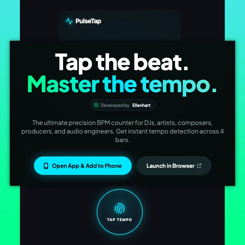 Smartphone med webappen PulseTap, der viser det præcise BPM som et hurtigt alternativ til en klassisk metronome i musikstudiet.
